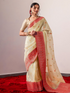 Cream & Orange Border Rich Pallu Saree with Blouse Fabric