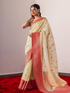 Cream & Orange Border Rich Pallu Saree with Blouse Fabric