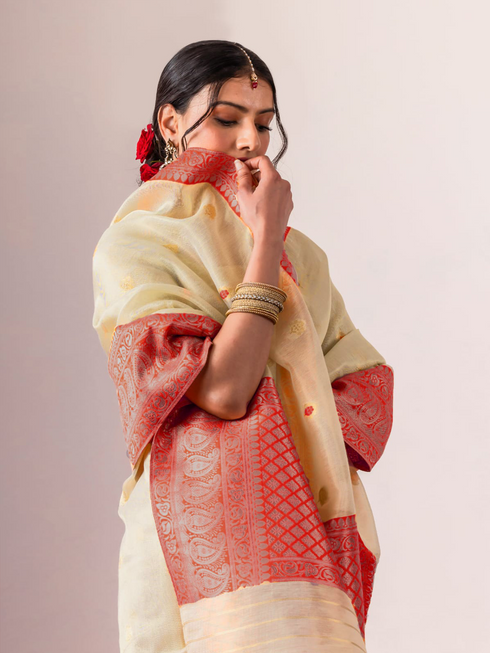 Cream & Orange Border Rich Pallu Saree with Blouse Fabric