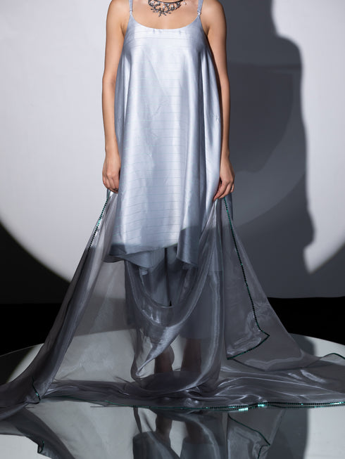 Women's Grey Stripe Satin Dress with Pants and Organza Chiffon Dupatta 3 Piece Set | Straight Fit, Round Neck, Sleeveless, Pants, Partywear, (Satin Chiffon)