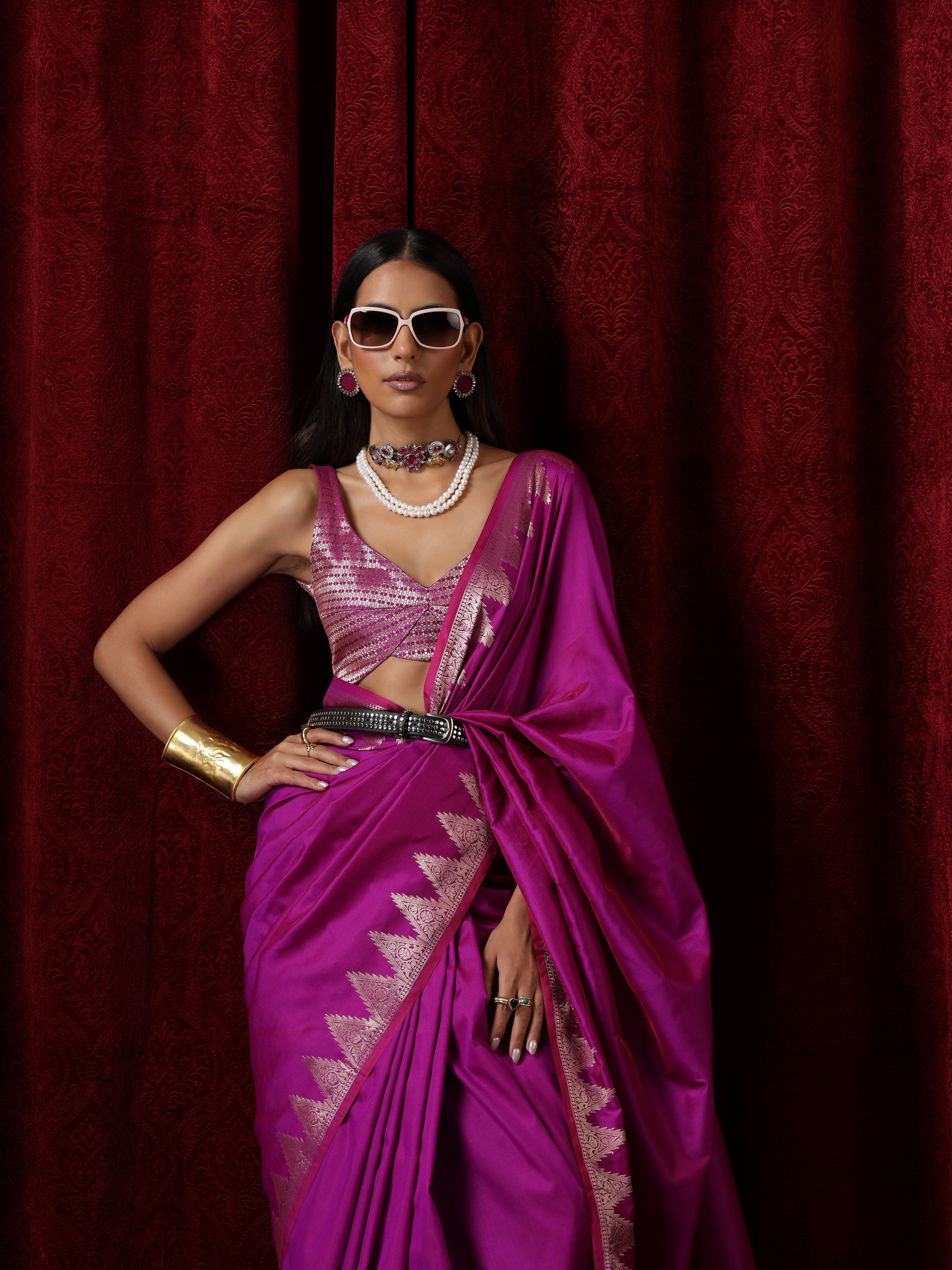 Banarasi Plum Temple Pure Silk Saree with Blouse Fabric