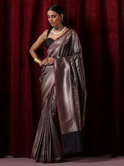 Banarasi Black Purple Jaal Silk Saree with Blouse Fabric