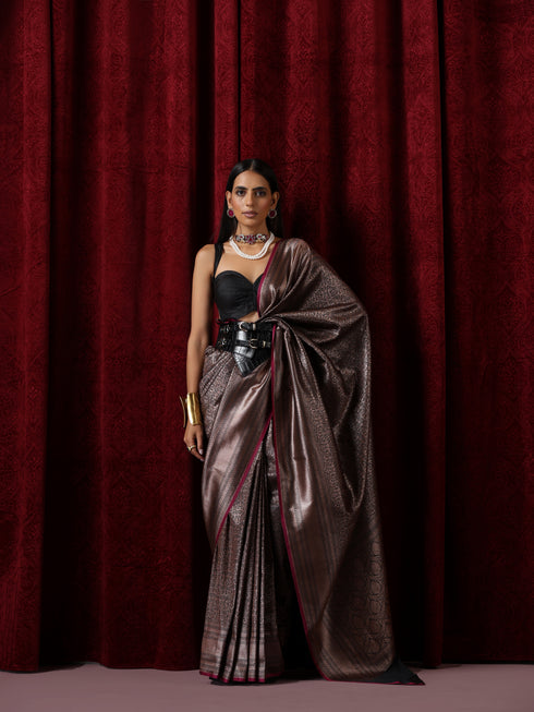 Banarasi Black Purple Jaal Silk Saree with Blouse Fabric