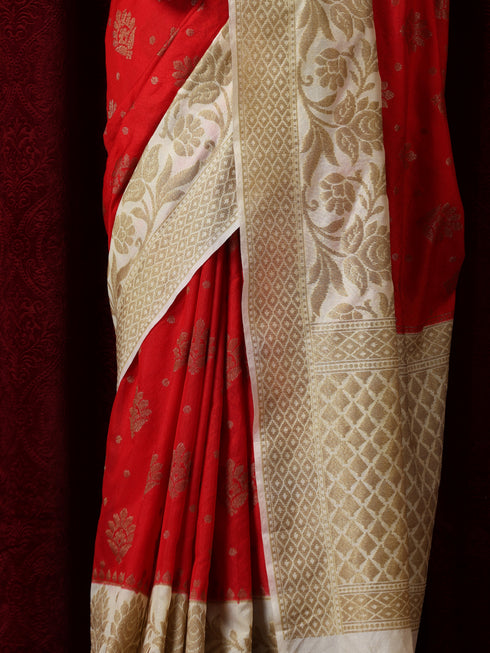 Sindoor Khela Red and Cream Cotton Silk Saree with Blouse Fabric
