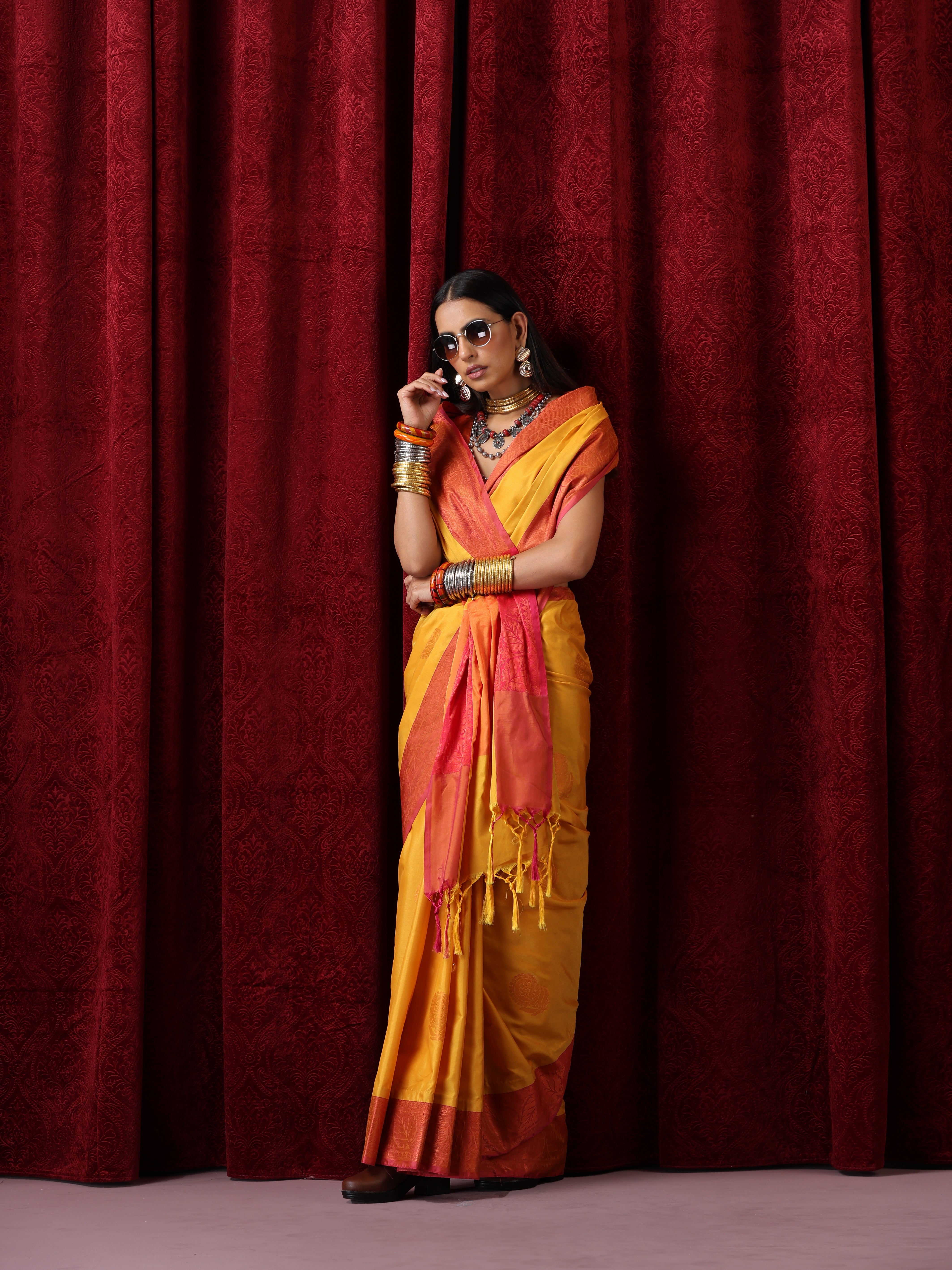 Yellow Red Blended Soft Silk Saree with Blouse Fabric