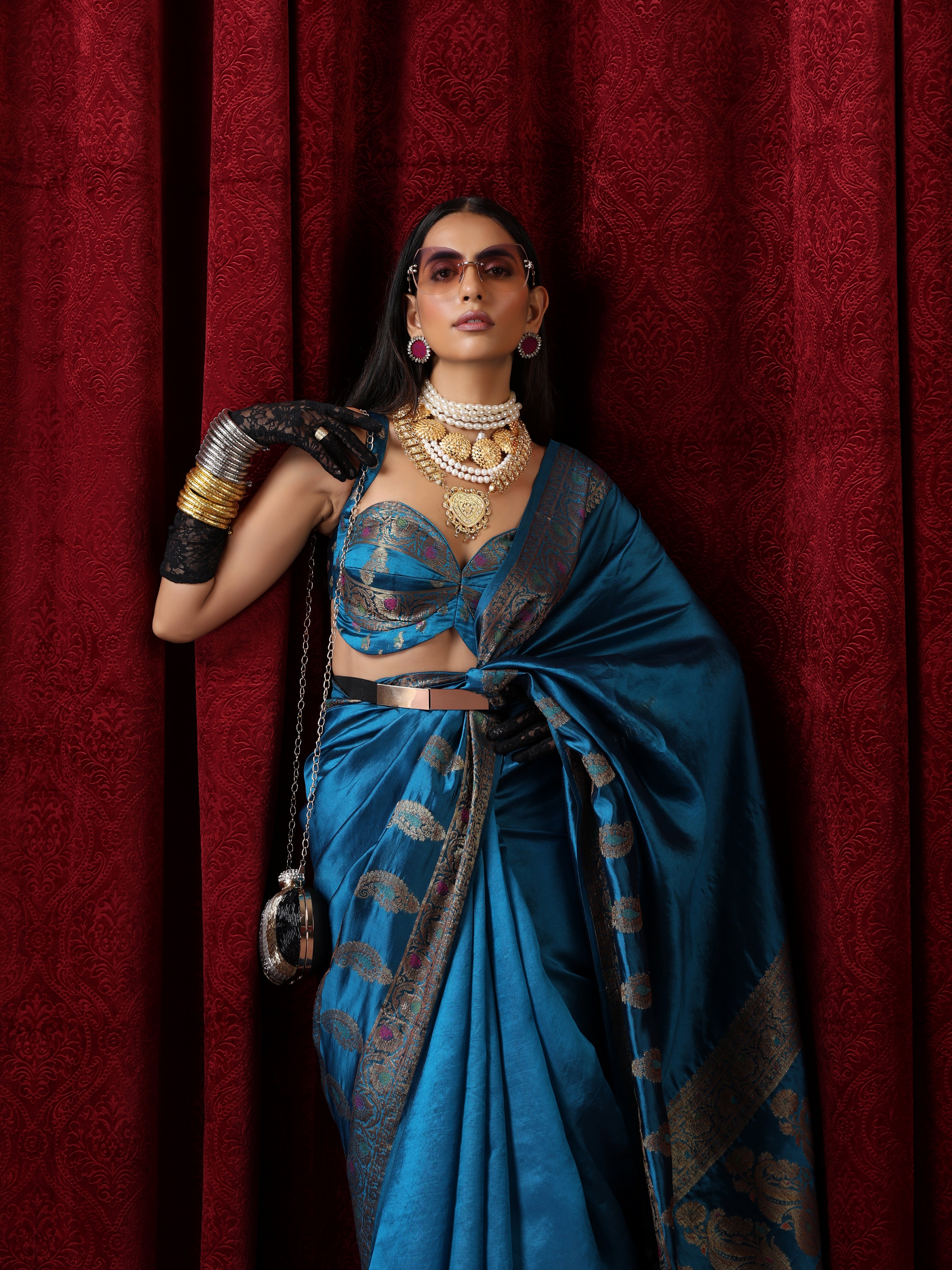 Banarasi Meena Kari Blue Pure Silk Saree with Blouse Fabric