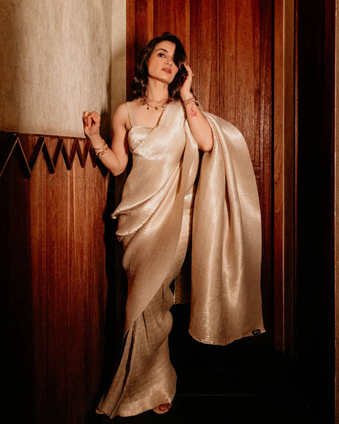 2 pc SET - Primrose Shiny Pleated Pre-Draped Saree with Pleated Blouse Fabric