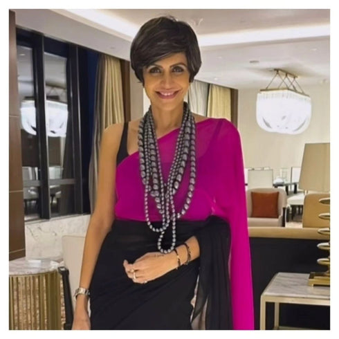 Black & Fuchsia Triangle Georgette Saree with Posh Black Blouse Fabric