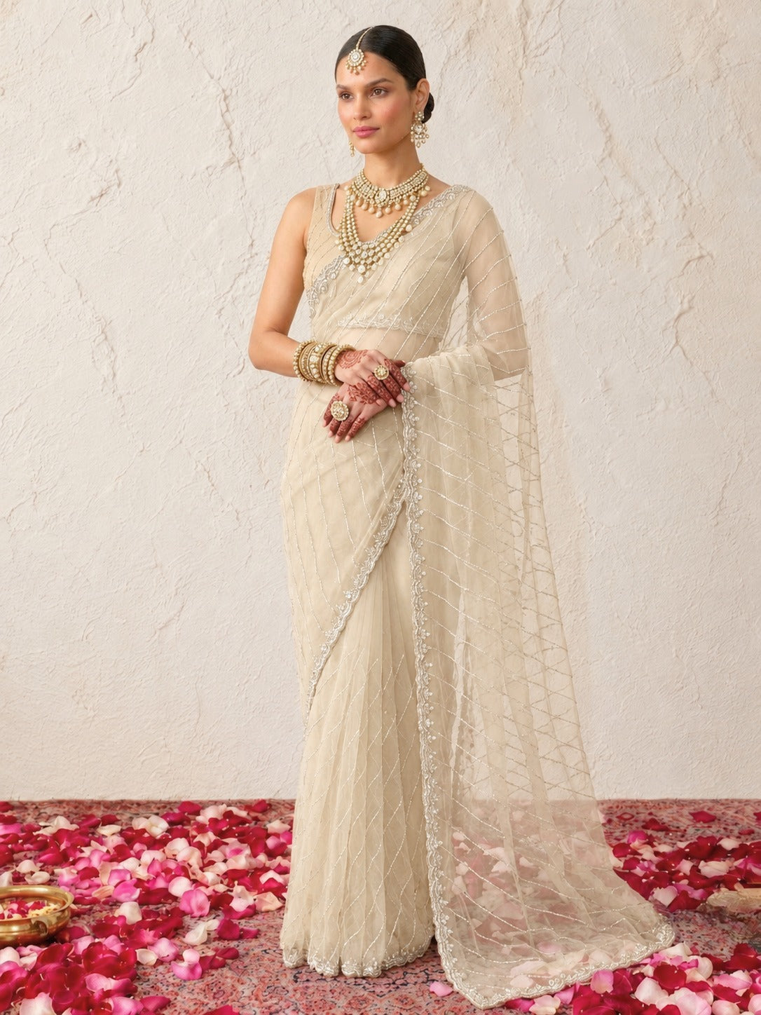 Beige Net Scalloped Hand Beaded Cut Dana Saree with Matching Beaded Blouse Fabric