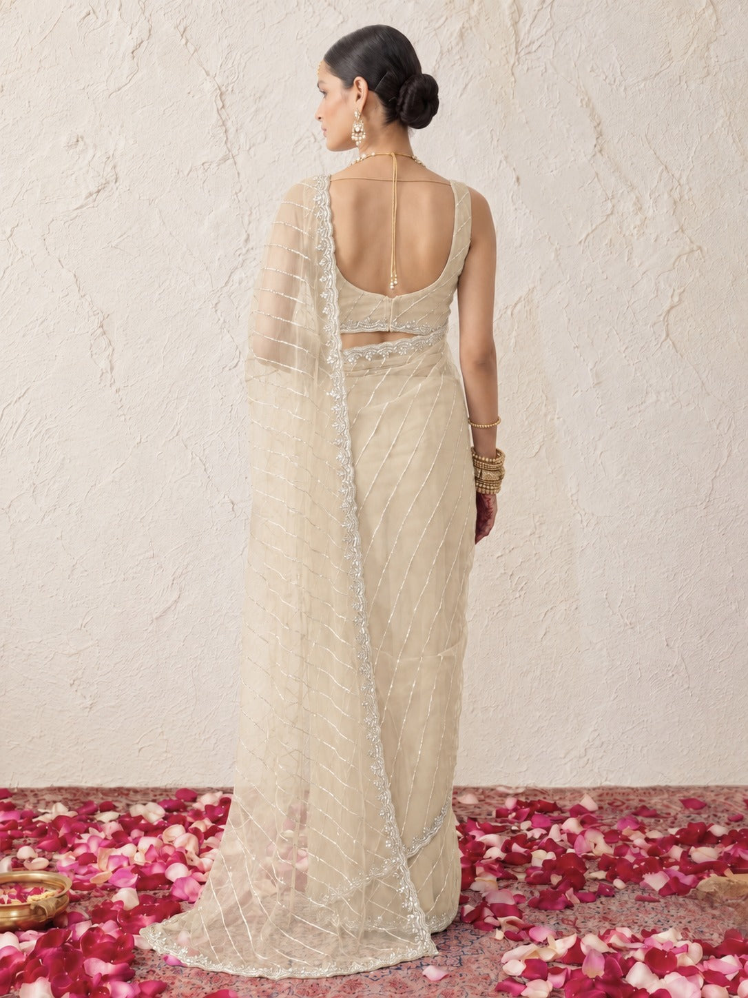 Beige Net Scalloped Hand Beaded Cut Dana Saree with Matching Beaded Blouse Fabric