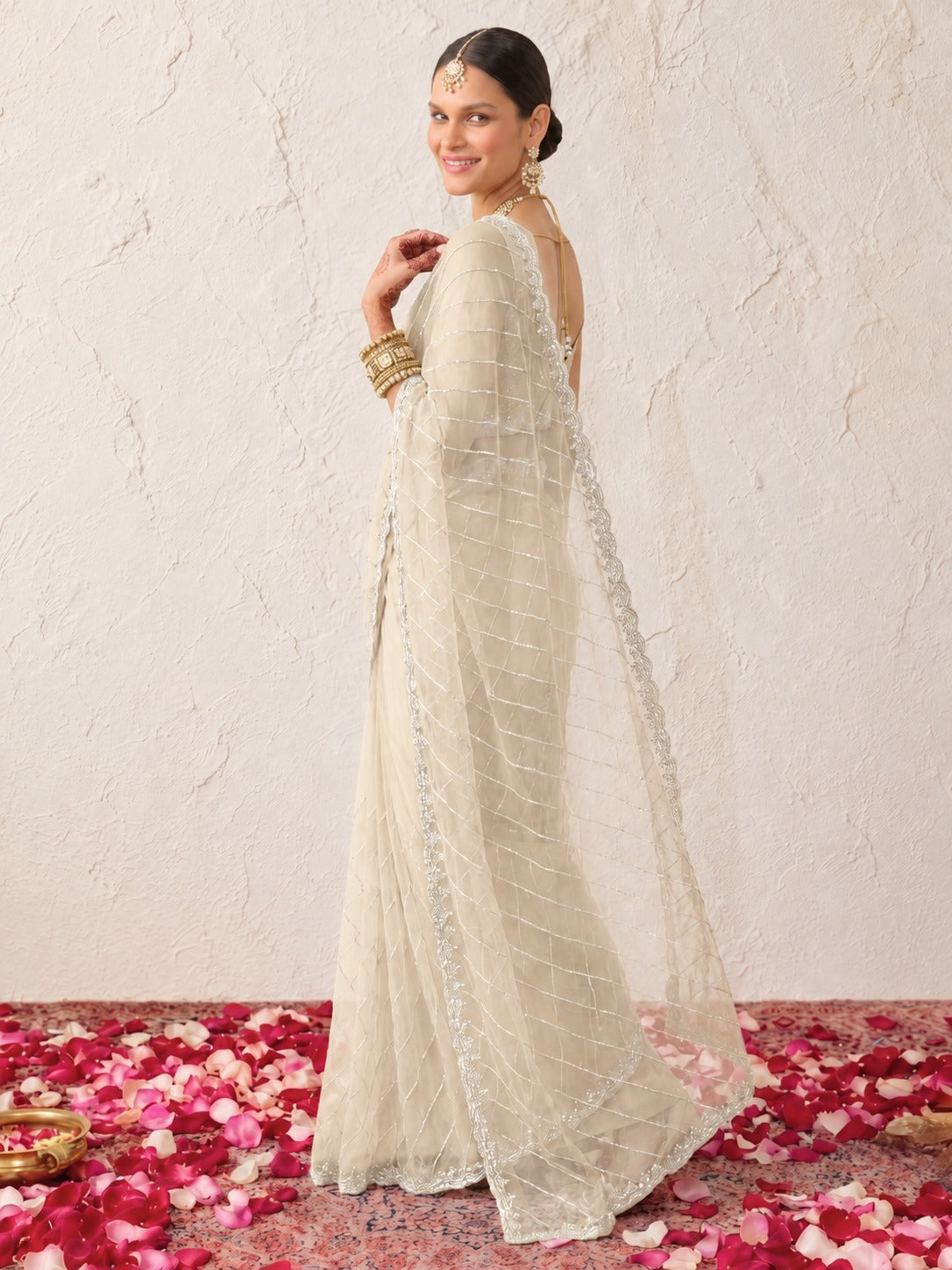 Beige Net Scalloped Hand Beaded Cut Dana Saree with Matching Beaded Blouse Fabric