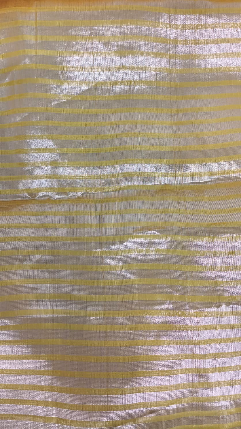 Yellow Organza Saree with Zari Buti and Matching Stripe Blouse Fabric