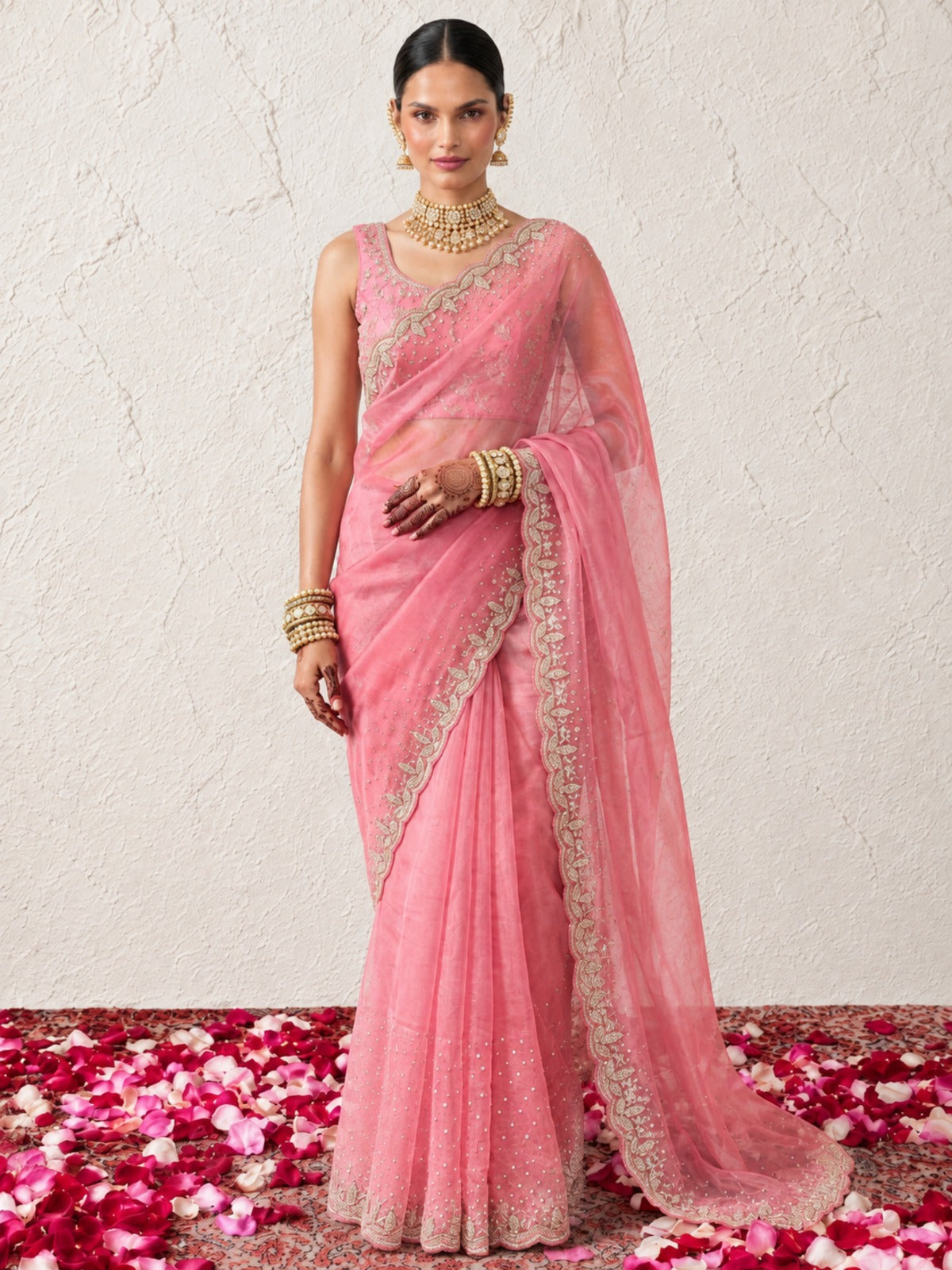 Pink Magic Metallic Chiffon Hand Beaded Cut Dana Saree with Matching Blouse