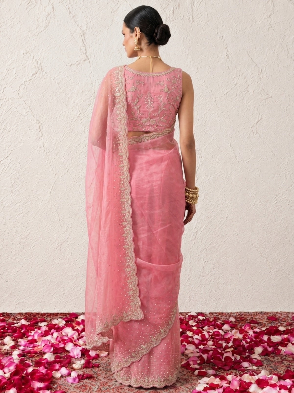 Pink Magic Metallic Chiffon Hand Beaded Cut Dana Saree with Matching Blouse
