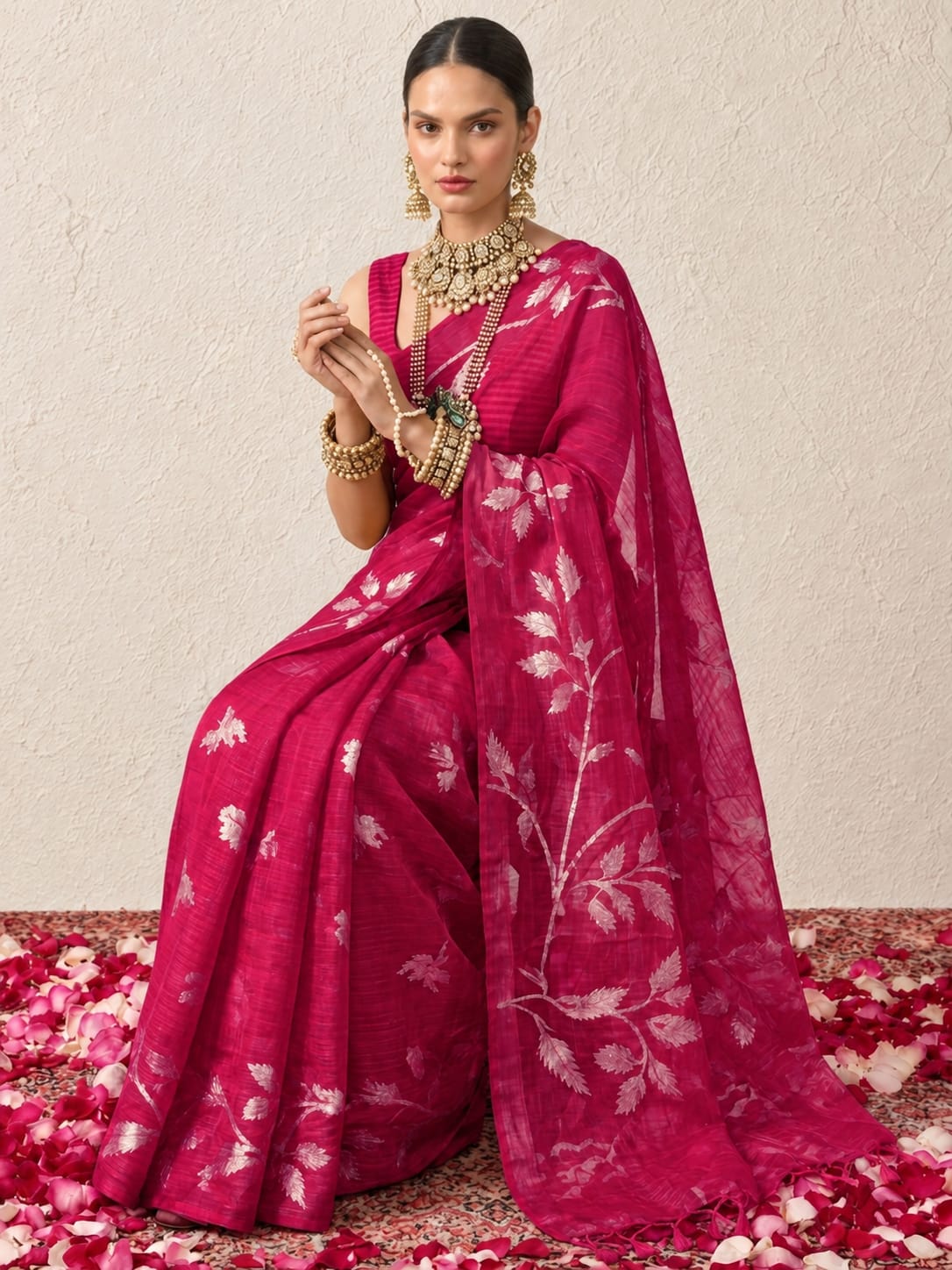 Fuschia Organza Saree with Zari Buti and Matching Stripe Blouse Fabric