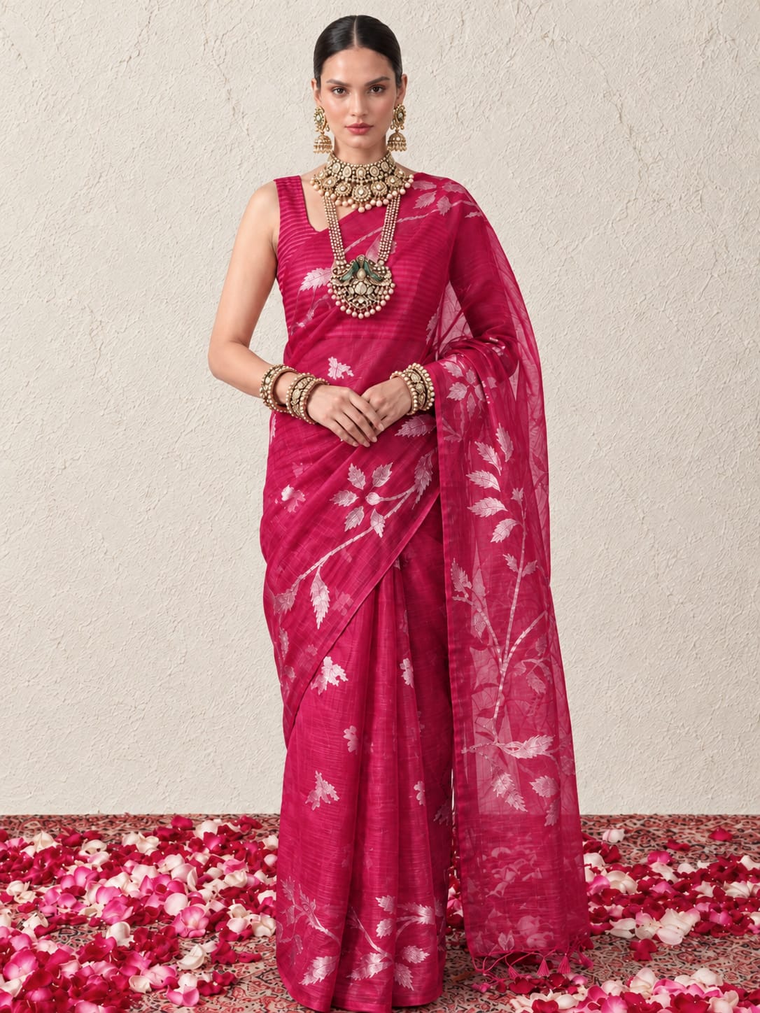 Fuschia Organza Saree with Zari Buti and Matching Stripe Blouse Fabric