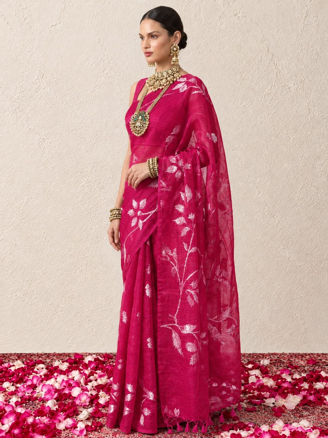 Fuschia Organza Saree with Zari Buti and Matching Stripe Blouse Fabric