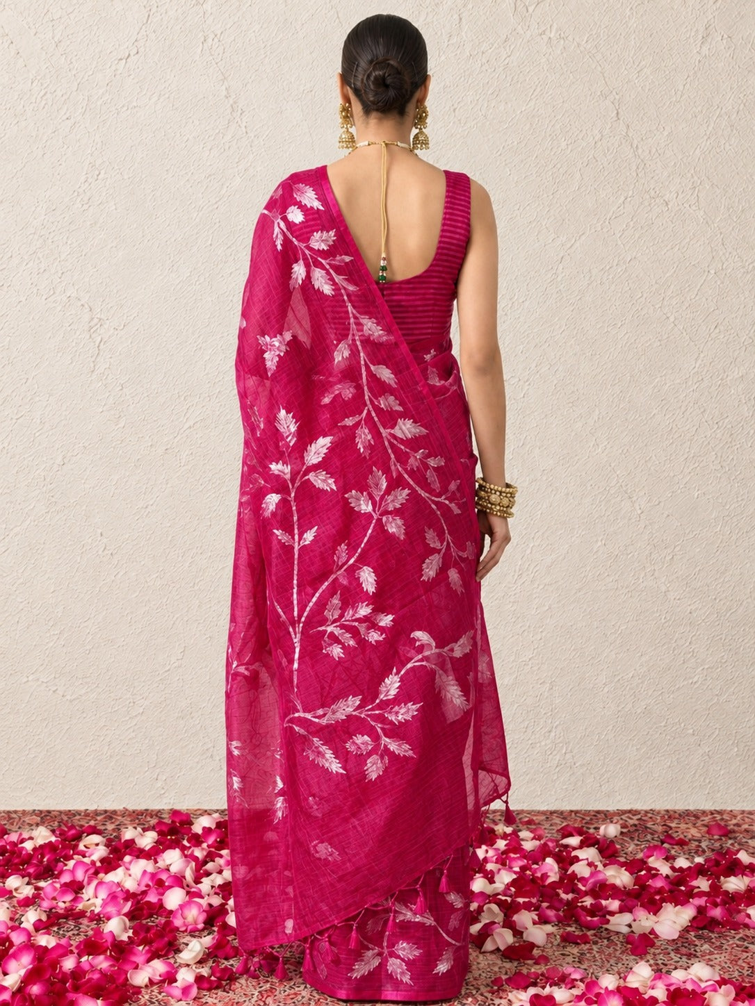 Fuschia Organza Saree with Zari Buti and Matching Stripe Blouse Fabric