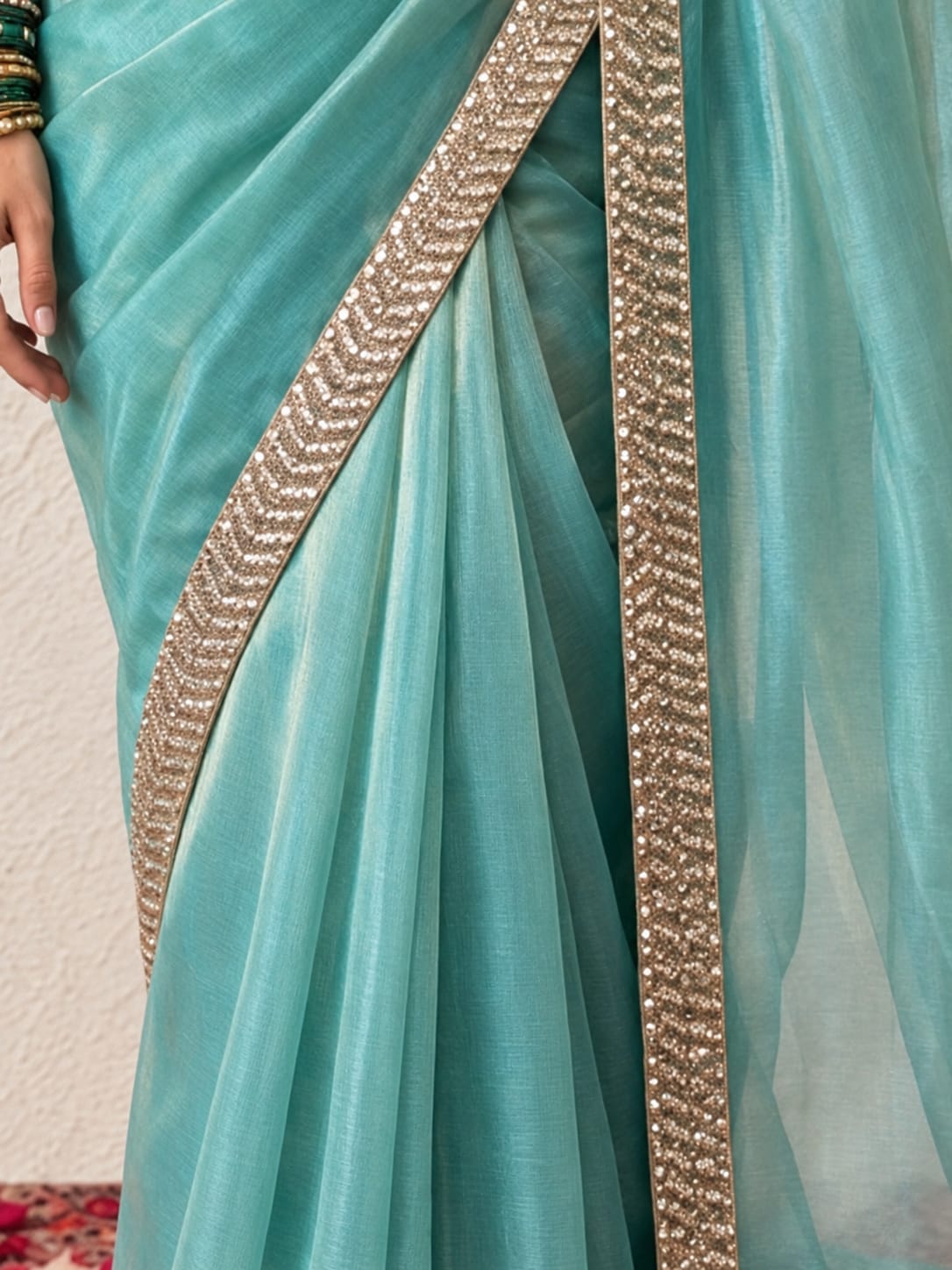 Blue Magic Chiffon Gold Edge Saree with Blouse Fabric