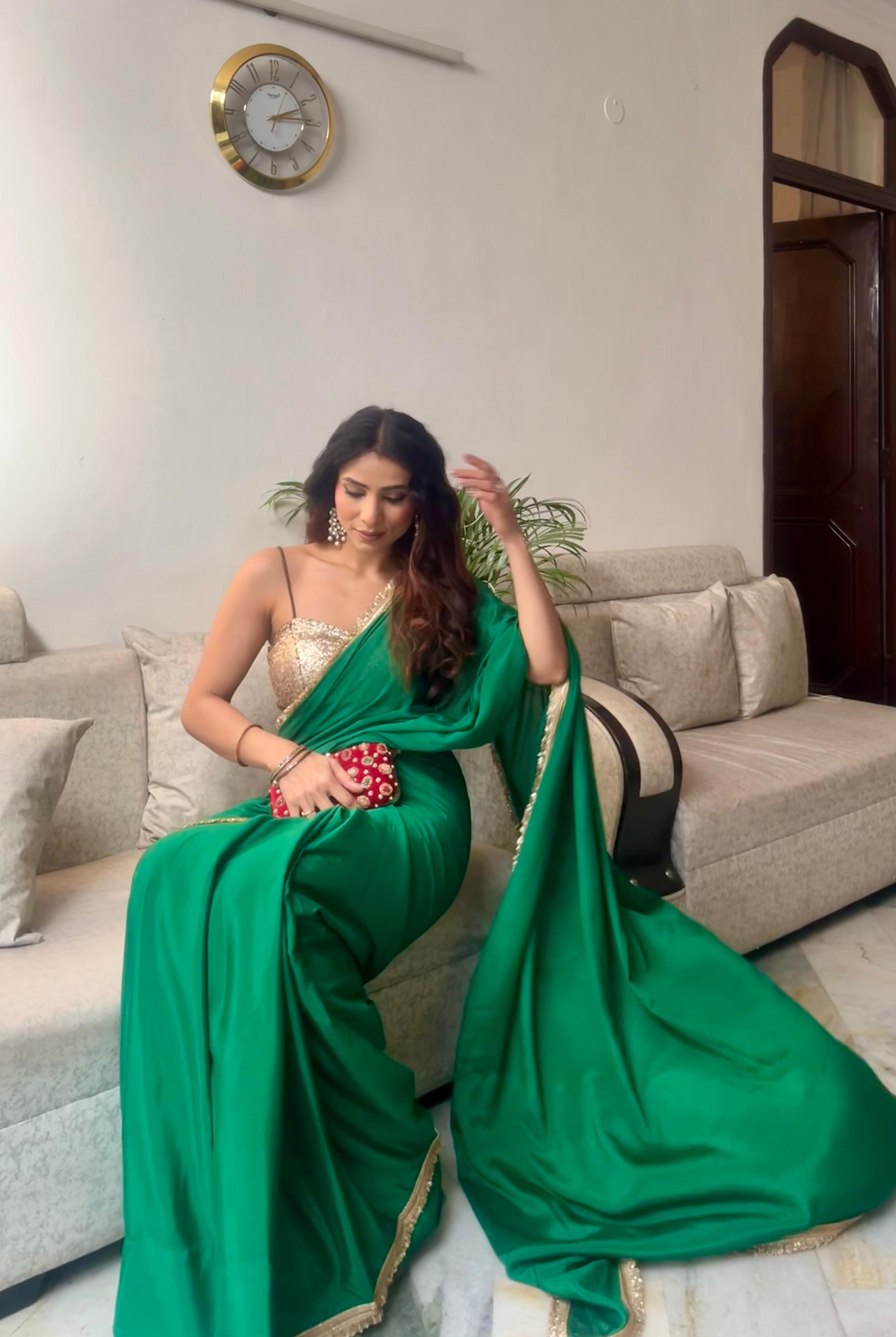 Crepe Green Saree with Sequin Laces and Self Blouse Fabric