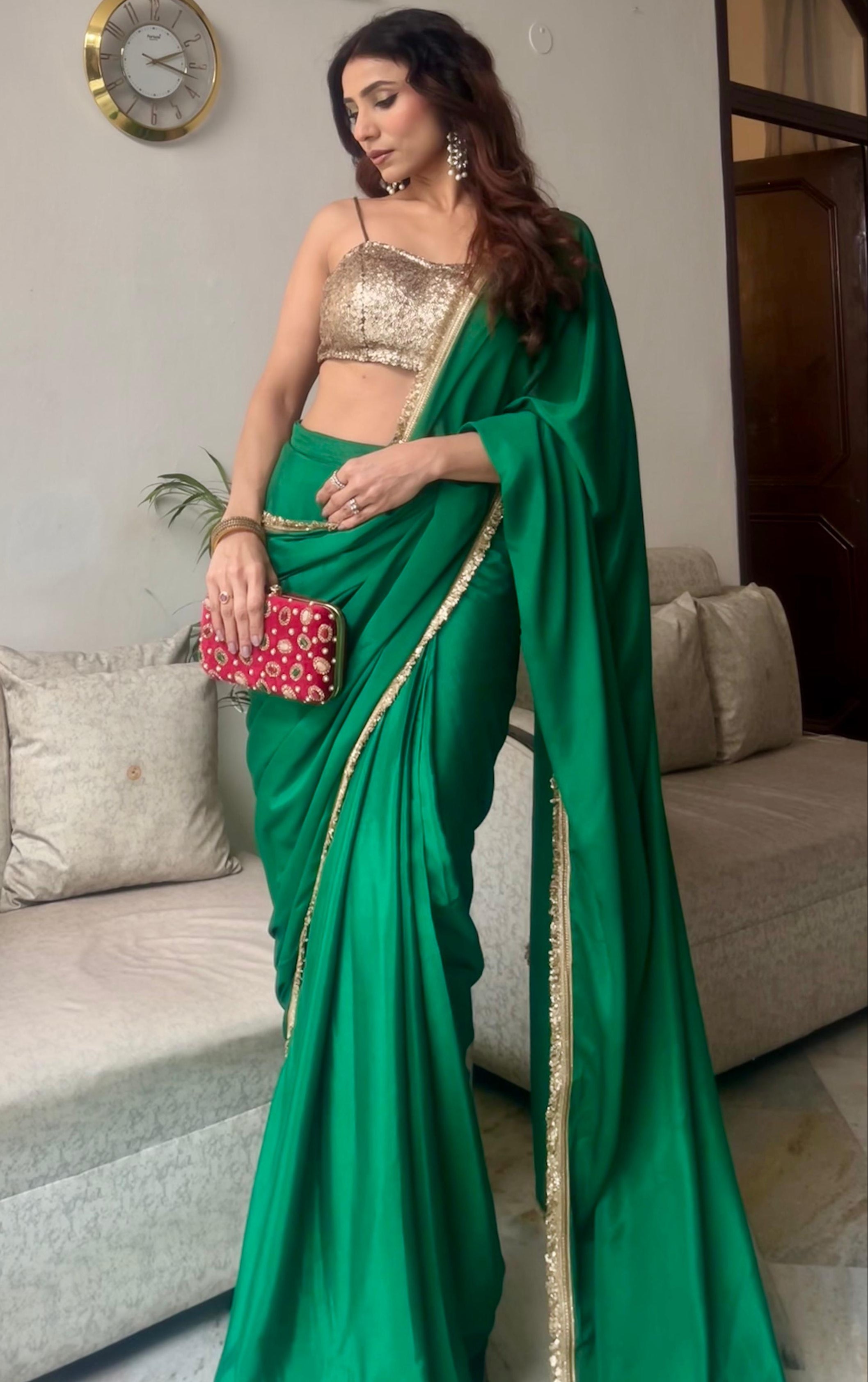 Crepe Green Saree with Sequin Laces and Self Blouse Fabric