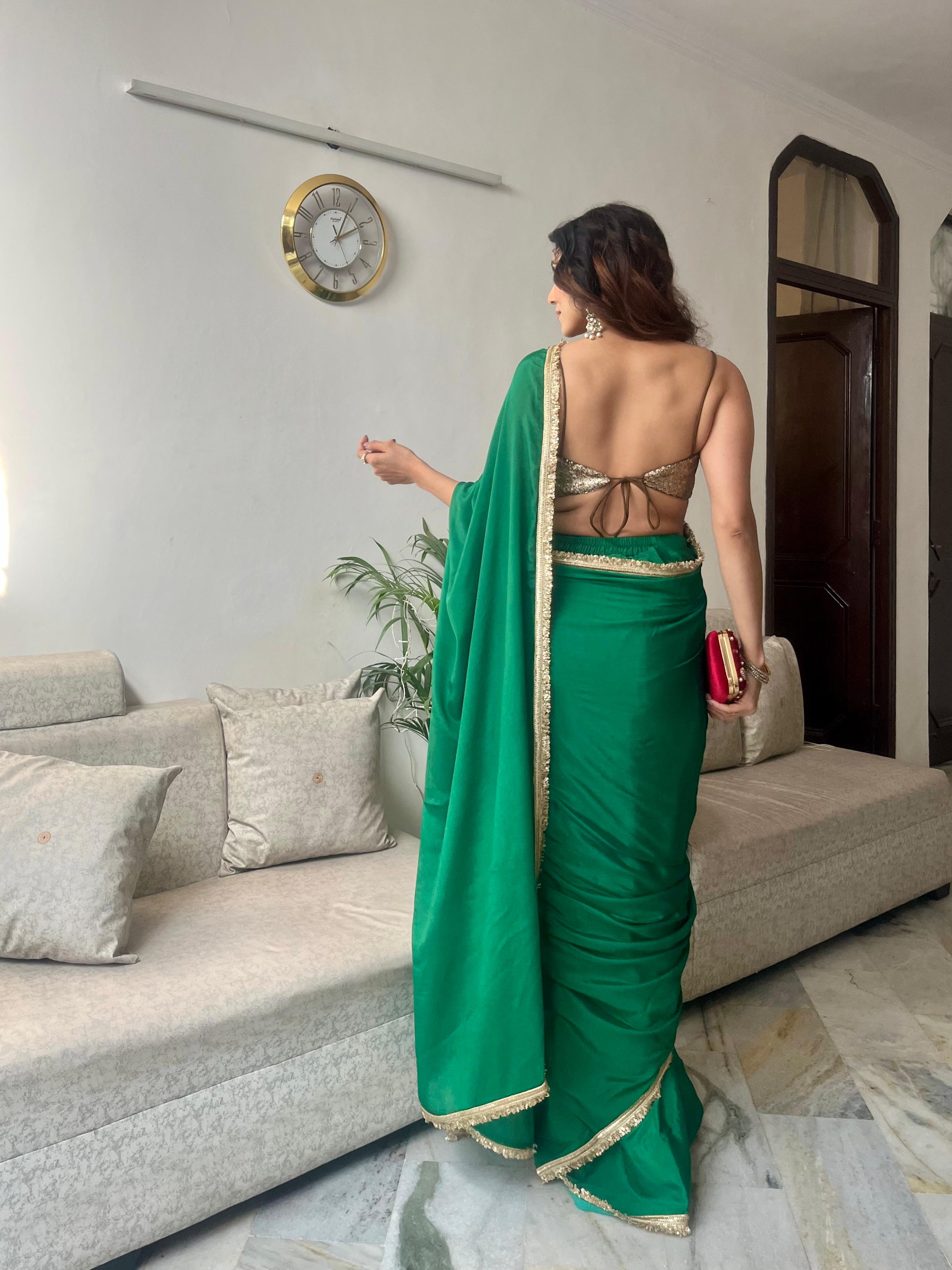 Crepe Green Saree with Sequin Laces and Self Blouse Fabric