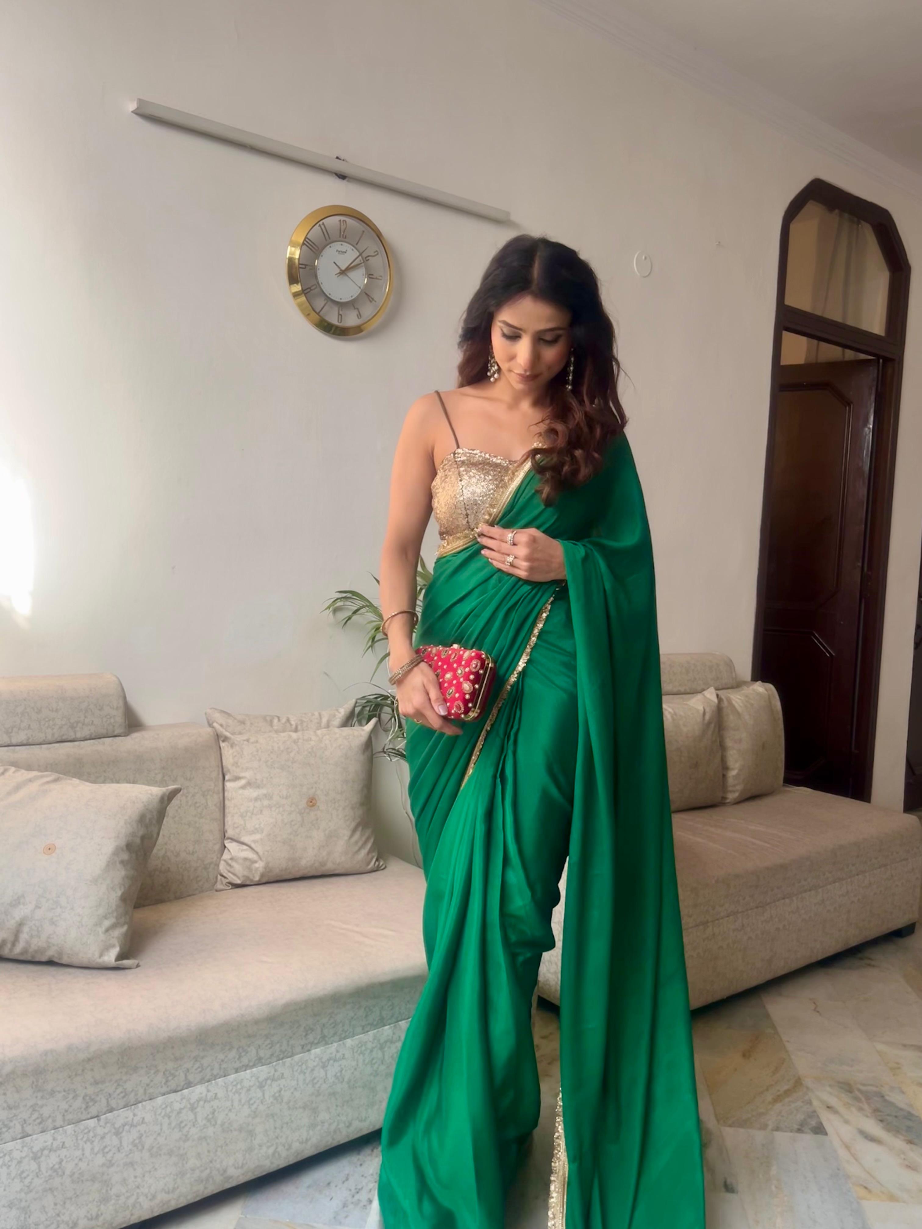 Crepe Green Saree with Sequin Laces and Self Blouse Fabric