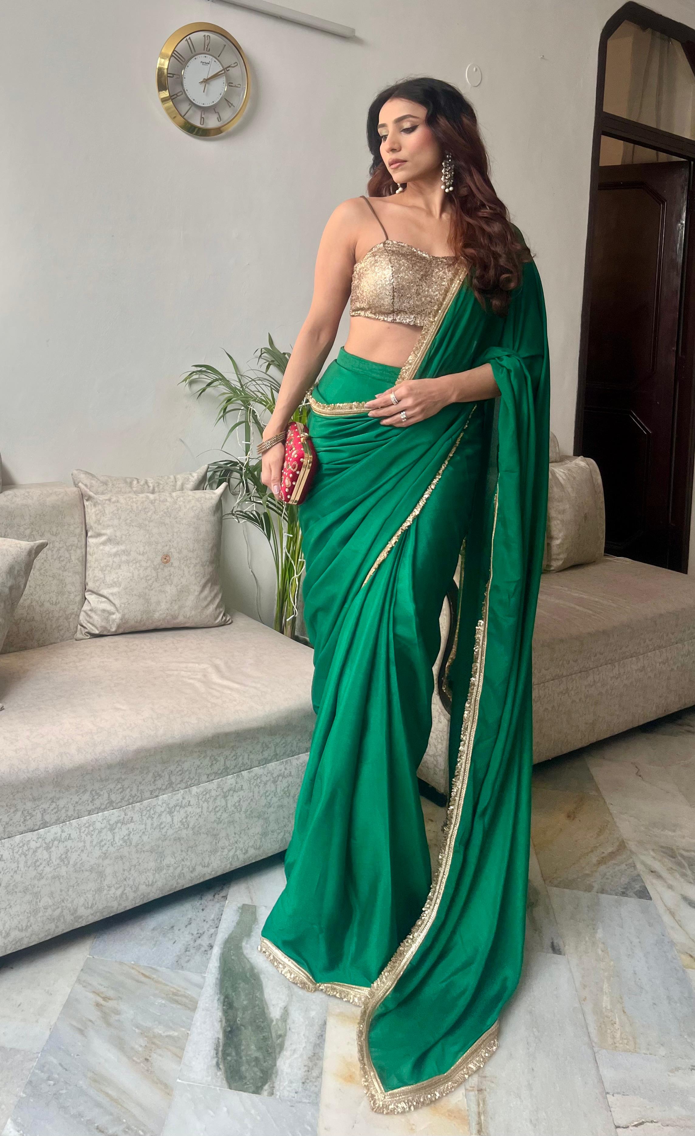 Crepe Green Saree with Sequin Laces and Self Blouse Fabric