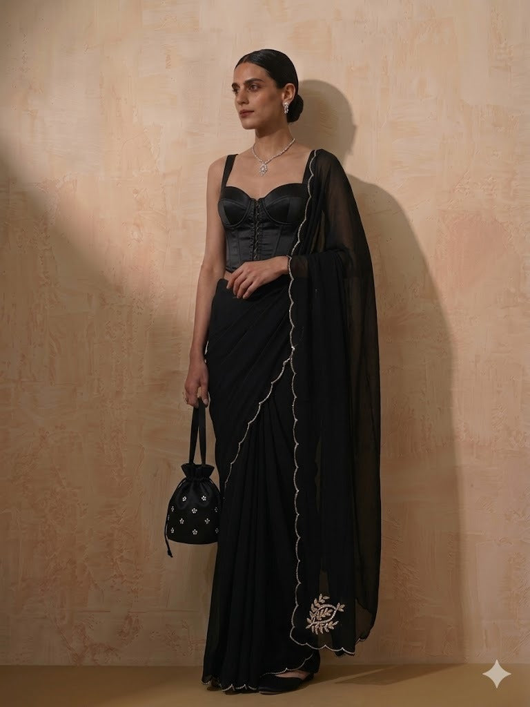 Black Chiffon Saree with Scallop and Hand Beading with Self Fabric Blouse