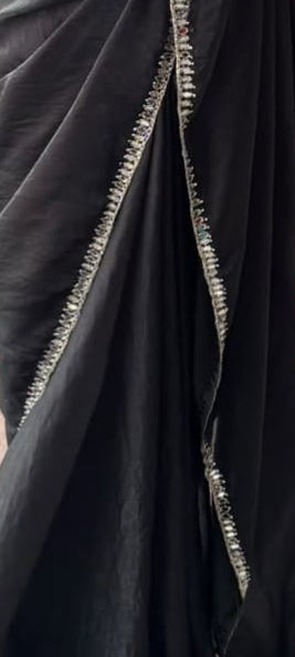 Black Mirror Metallic Satin Hand Beaded Cut Dana Saree with Border and Matching Blouse Fabric