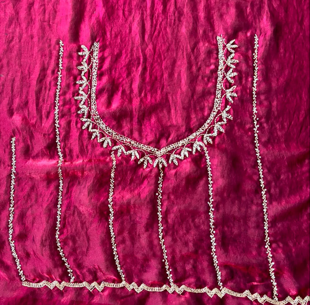 Multi Patch Metallic Satin Scalloped Hand Beaded Cut Dana Saree with Beaded Blouse Fabric
