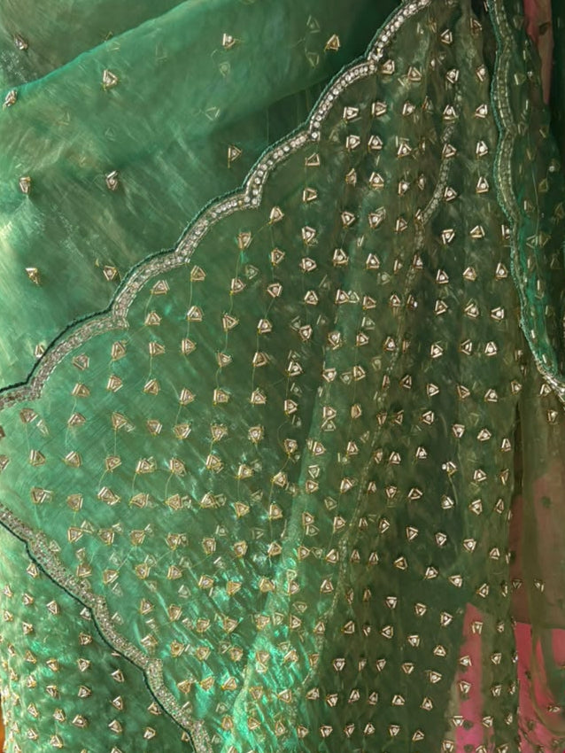 Green Allover Hand Beaded Jaal Saree with Matching Blouse Fabric