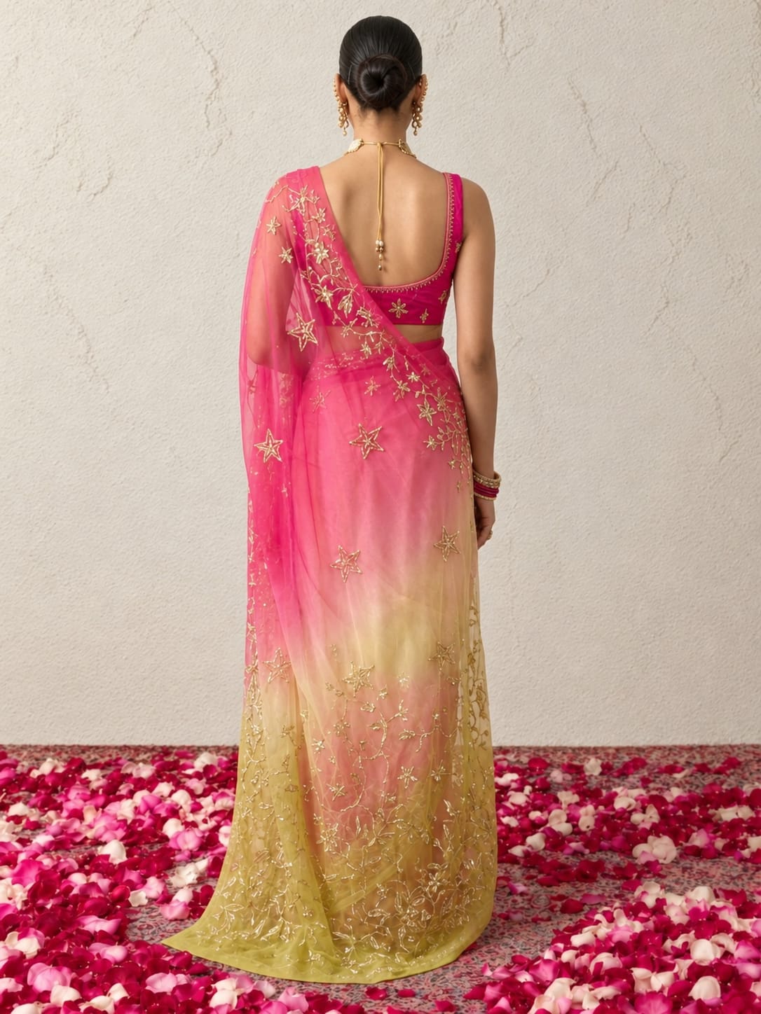 Pink and Yellow Ombre Gota Patti Kairi Border Pure Silk Chiffon Saree with Crepe Blouse Fabric