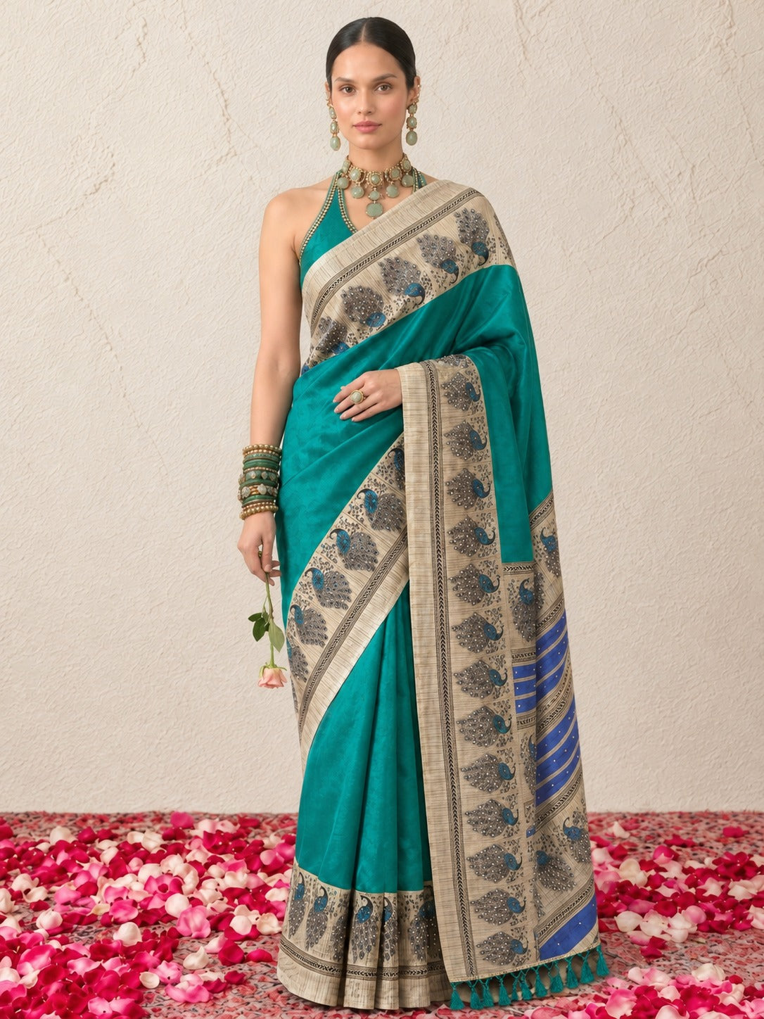 Blue and Green Peacock Printed Saree with Blouse Fabric