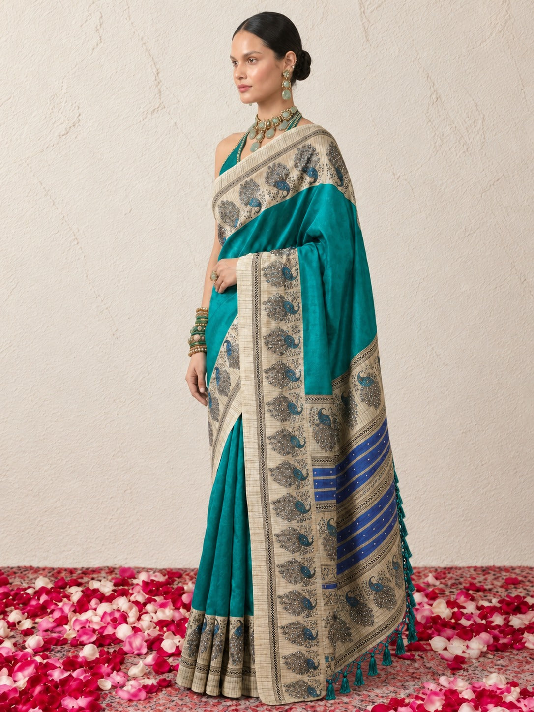 Blue and Green Peacock Printed Saree with Blouse Fabric