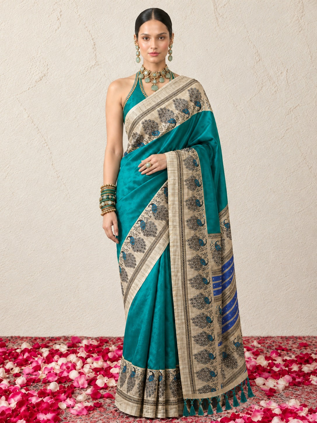 Blue and Green Peacock Printed Saree with Blouse Fabric