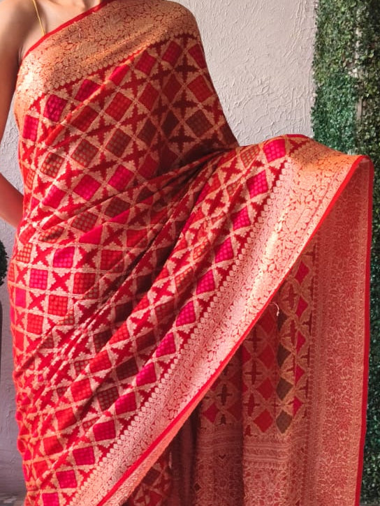 Maroon Khaddi Georgette with Green Pink Orange Design and Blouse Fabric