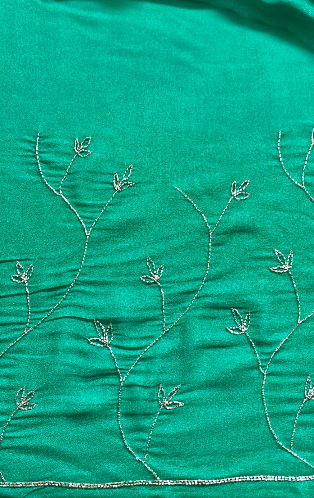 Blue Green Ombre Silk Chiffon Saree with Allover Hand Embroidery with Crepe Blouse Fabric