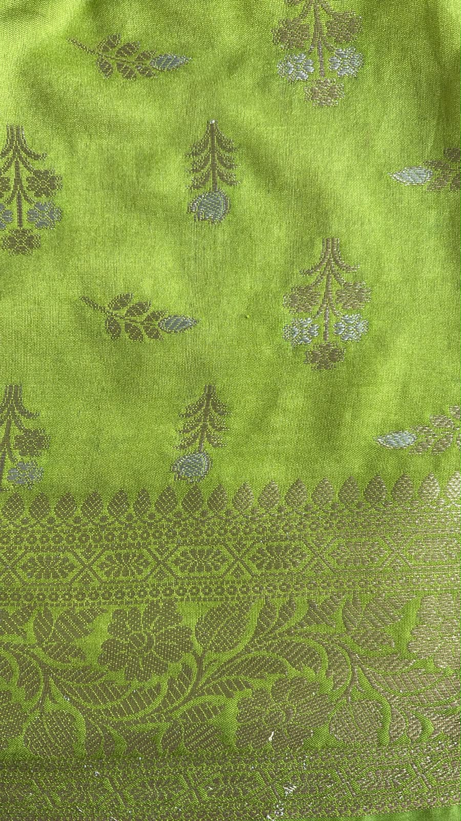 Green and Gold Silver Pure Silk Saree with Meenakari and Blouse Fabric