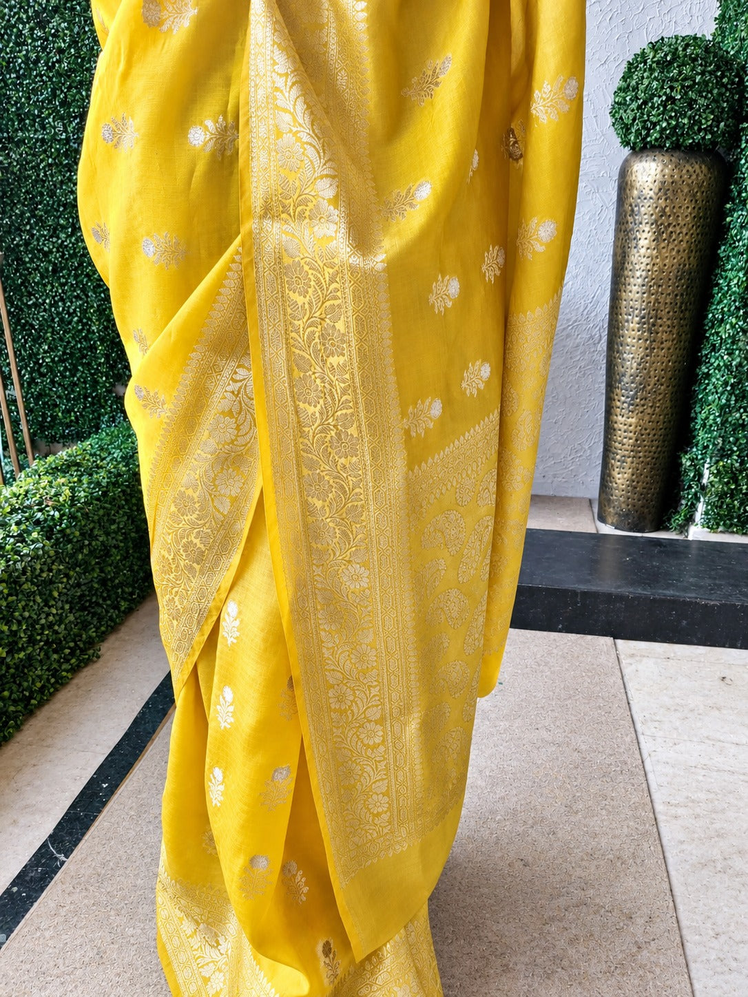 Yellow and Gold Silver Pure Silk Saree with Meenakari and Blouse Fabric