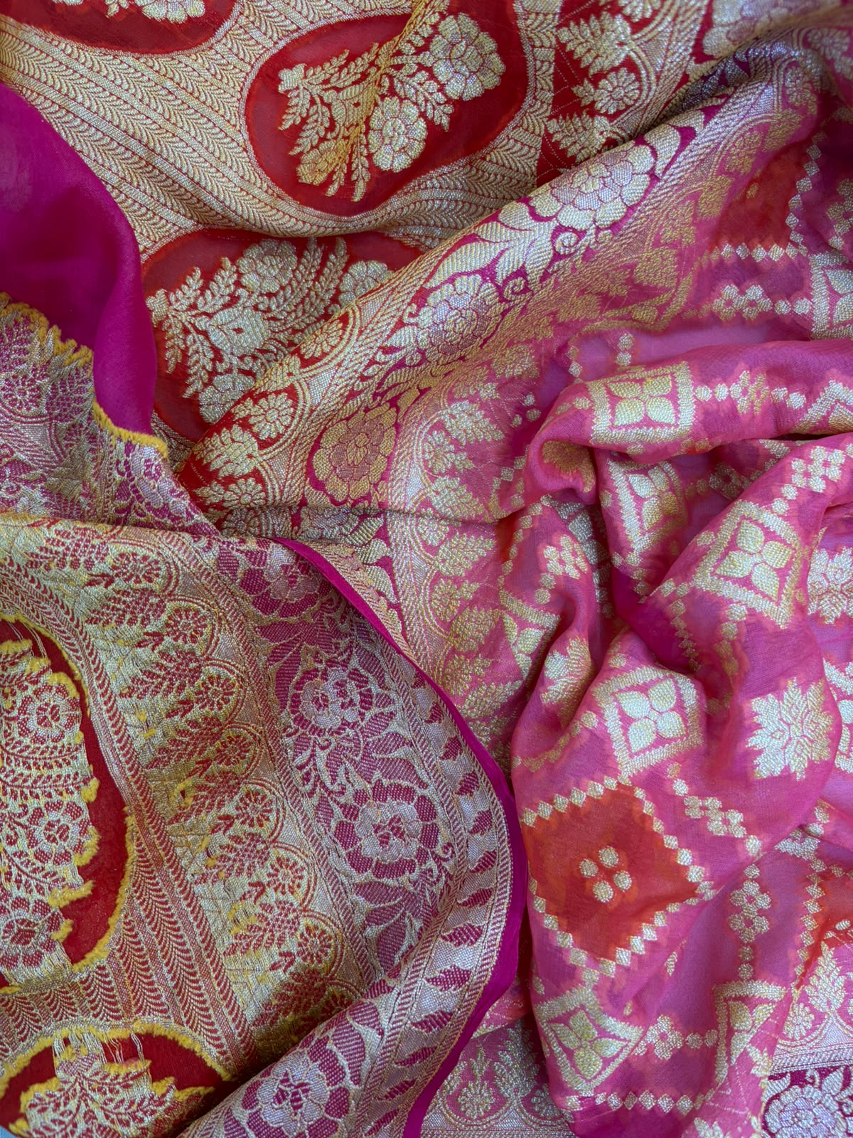 Pink Khaddi Georgette with Fuchsia Orange Design and Blouse Fabric