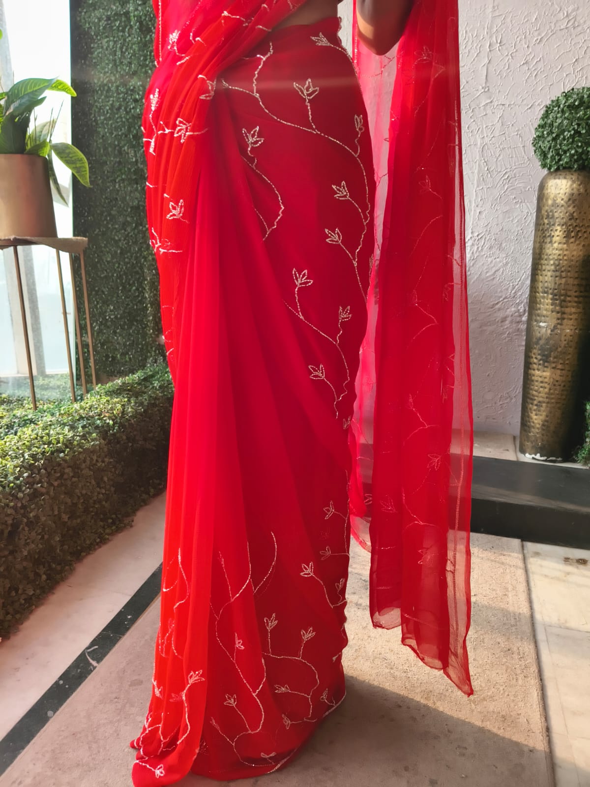 Red Pink Ombre Silk Chiffon Saree with Allover Hand Embroidery with Crepe Blouse Fabric