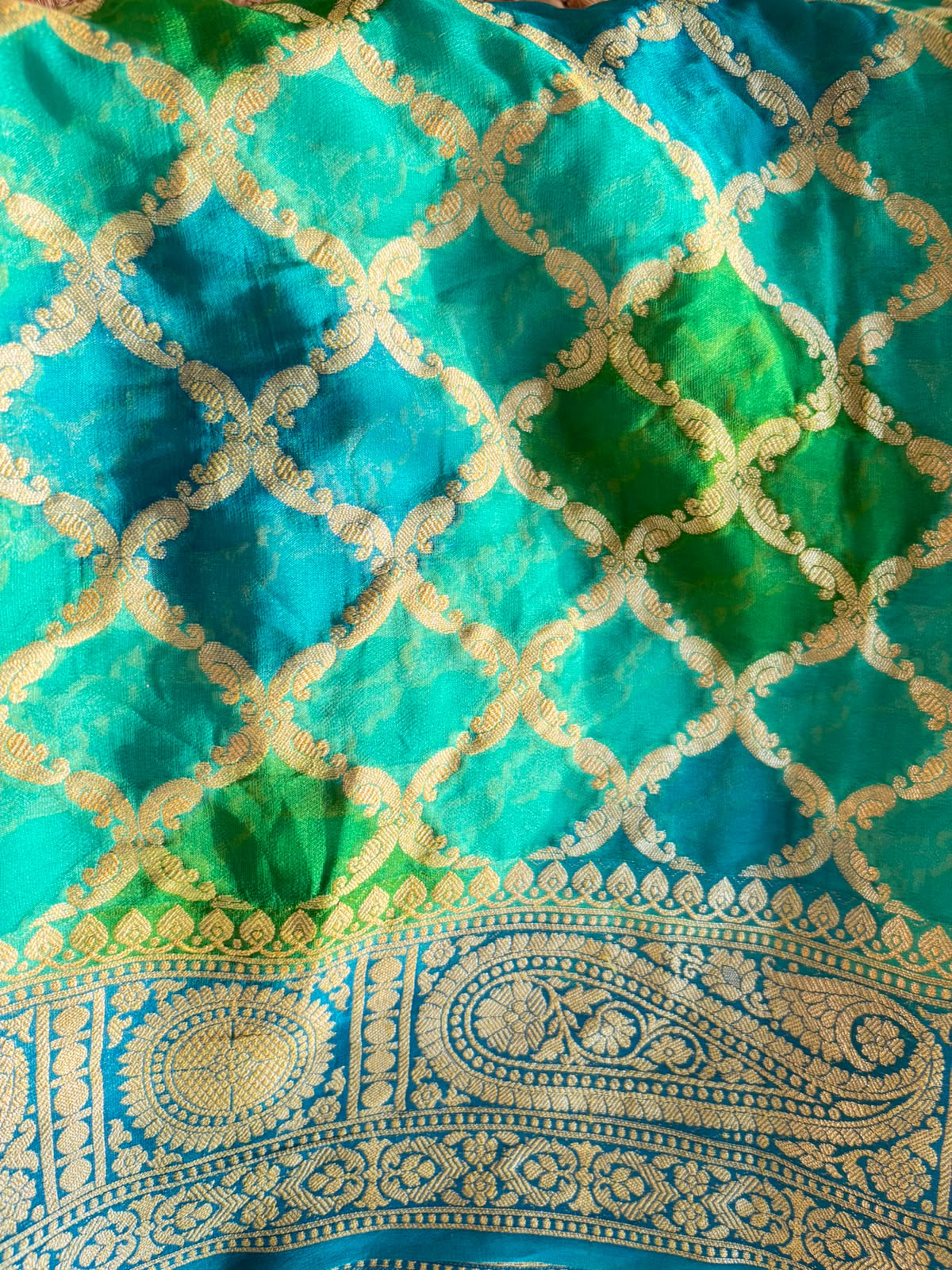 Blue Khaddi Georgette with Green Turq Design and Blouse Fabric