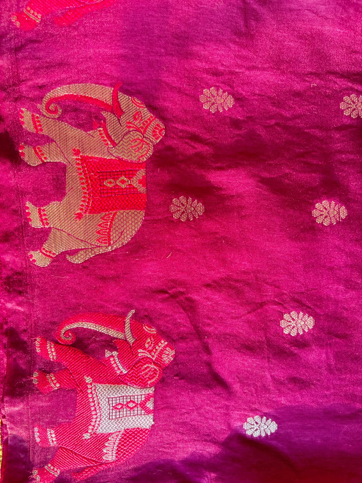 Wine Pure Silk Saree with Pink Silver Elephant Border and Blouse Fabric