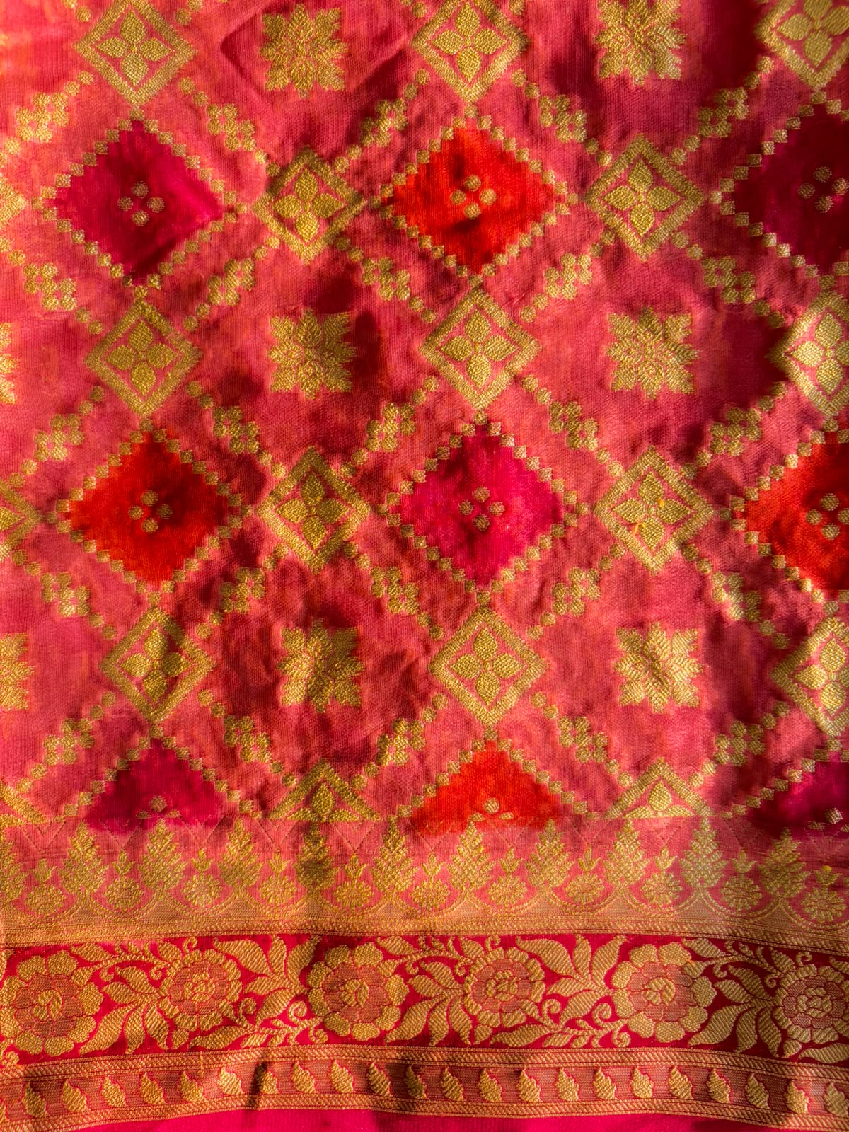 Pink Khaddi Georgette with Fuchsia Orange Design and Blouse Fabric