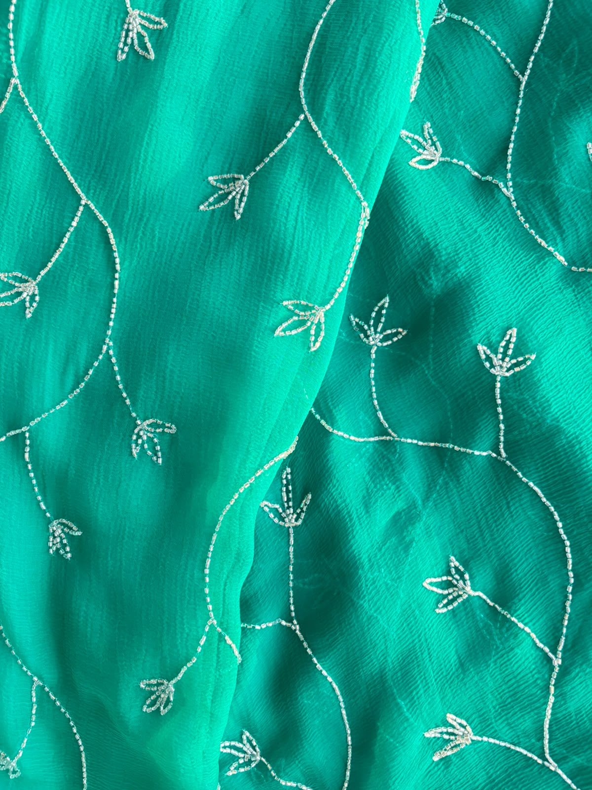 Blue Green Ombre Silk Chiffon Saree with Allover Hand Embroidery with Crepe Blouse Fabric