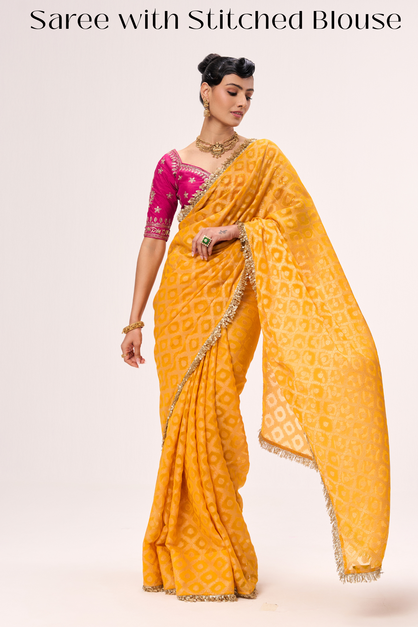 Woven Yellow Georgette Saree with Pink Embroidered Ready-to-Wear Blouse