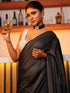 Pre-Draped 1-Minute Black Georgette with Cream Satin Saree with Blouse Fabric