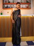 Pre-Draped 1-Minute Black Georgette with Cream Satin Saree with Blouse Fabric