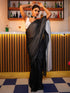 Pre-Draped 1-Minute Black Georgette with Cream Satin Saree with Blouse Fabric